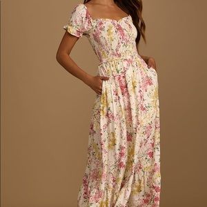 Lulus Always So Sweet Cream Floral Smocked Puff Sleeve Maxi Dress